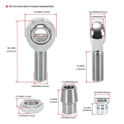 Heavy Duty Heim Joint Rod End Kit Two Pair Set With Left And Right Hand Threads Featuring Sealed Greased Chromoly Steel Design For Rock Solid Steering and Long Lasting Ride Stability, detailed measurement view.