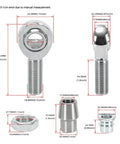 Rock Solid 2 Pairs 3/4 Inch 16 Thread Heim Joint Rod End Kit with chromoly joints and round tube adapters, detailed dimensions shown.