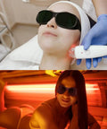 Heavy Duty Laser Protection IPL Safety Glasses With OD4 Plus Shade Rating used by a woman during a facial treatment and tanning session.