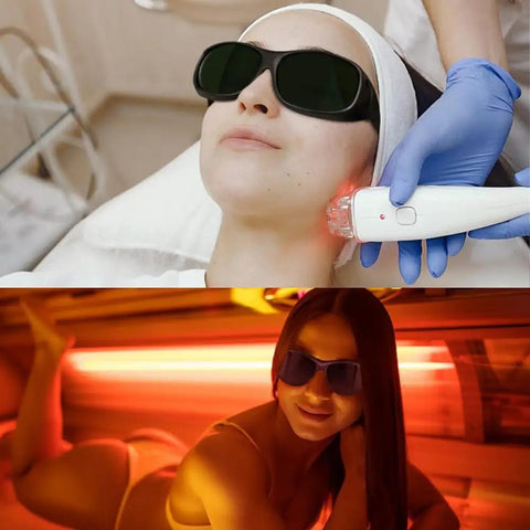 Heavy Duty Laser Protection IPL Safety Glasses With OD4 Plus Shade Rating used by a woman during a facial treatment and tanning session.