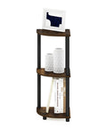 Solid Three Tier Corner Bookshelf For Living Room And Small Apartment Space Saving Setup With Open Display Tiers, modern amber pine finish and sleek tubular frame.