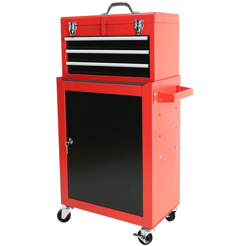 Heavy Duty Rolling Tool Chest With Sturdy Swivel Wheels And Three Smooth Drawers Plus Versatile Removable Top Box angle view showing black drawer and red exterior