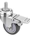2 Inch M8-1.25 Metric Caster Wheels With Locking Brakes Set Of 4 TPR Swivel Casters close-up view of gray wheel and metal locking mechanism.