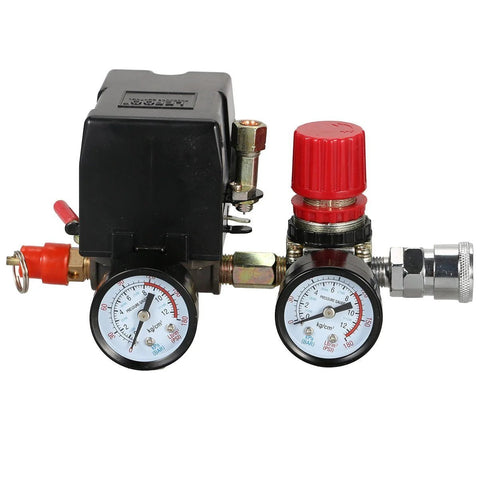 Front view of Secbolt pressure switch manifold with two gauges, black regulator body and red knob.