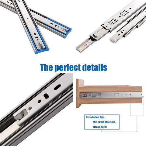 Ten Pairs 20 Inch Soft Close Drawer Slides With Three Section Full Extension And 110 Lb Capacity Ball Bearing Heavy Duty Cabinet Slow Close Side Mount Hardware Screws Included, showing cross section and installation details.