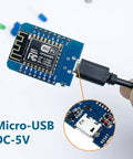 Close-up of Five Pack D1 Mini NodeMCU ESP8266 ESP-12F WiFi Dev Board Bundle For Arduino IDE with micro-USB connected.
