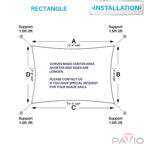Installation diagram for Waterproof Red Shade Sail 16x16 Rectangle Sun Shade Canopy with curved sides and support spacing.