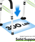 Universal Adjustable Toilet Safety Rail Rock Solid Stand Alone Bathroom Assist Handle shows solid support markings for up to 300 lbs.