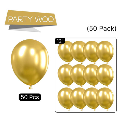 Top Tier 12 Inch Gold Latex Helium Balloons 50 Pack Slay Party Decorations displayed with single balloon and group layout.