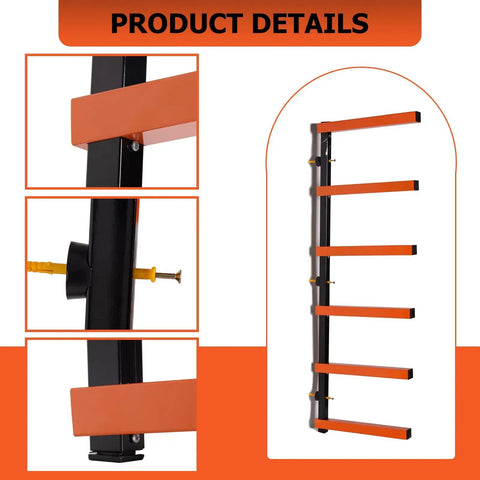 Heavy Duty Six Shelf Lumber Rack Wall Mount Wood Organizer Built Tough For Garage Storage Rock Solid Steel Construction close-up of brackets and shelves