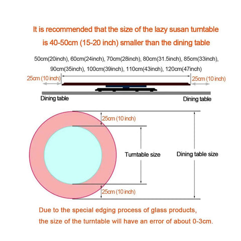Diagram showing size recommendations for Fresh White Marble Lazy Susan Featuring Hella Smooth 360 Degree Rotation Round Serving Tray.