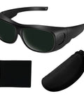 Heavy Duty Laser Protection IPL Safety Glasses With OD4 Plus Shade Rating, black polycarbonate frame and green lenses with carrying case.