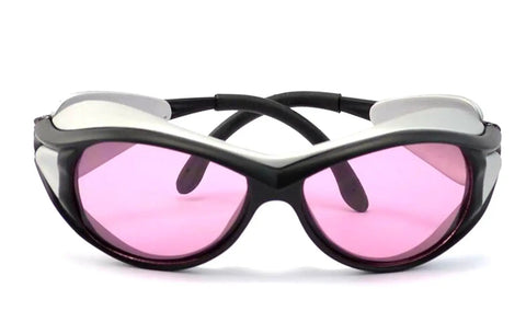 Rock Solid 808nm Infrared Laser Safety Glasses With Tough As Nails Protective Eyewear For Diode Lasers, pink lenses and black frame.