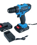 The 21V Cordless Power Drill Kit Is A Solid Heavy Lifter Featuring Brushless Motor 2 Speed Settings For Hassle Free Metal And Concrete Jobs Powered By A Rechargeable Battery That Handles Everything - blue cordless drill with battery and charger.
