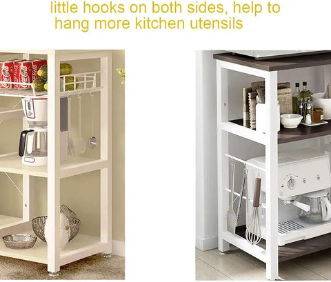 Heavy Duty Three Tier Kitchen Storage Rack And Slick Baking Station With Powder Coated Metal Frame And Sturdy Laminate Shelves, featuring hooks for utensils.