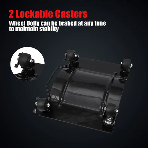 Close-up of locking casters on Heavy Duty Car Dolly 4 Pack With Locking Wheels And Reinforced Steel Deck 6000 Lbs Capacity Auto Mover Kit.