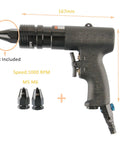 Heavy Duty Pneumatic Rivet Nut Gun Generating Badass Torque With Adjustable Speed And A Self Locking Head For No Sweat Thread Insertion On Sheet Metal Across M5 M6 M8 Sizes with M5 and M6 nozzles.