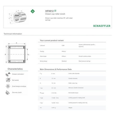 Heavy Duty One Way Needle Roller Clutch Bearing Drawn Cup Design 8X12X12 Mm technical info with dimensions and specifications.