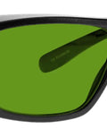 Top Shelf Laser Safety Glasses Built Tough As Nails With Killer Polycarbonate Green Optics show side view with large green lenses.