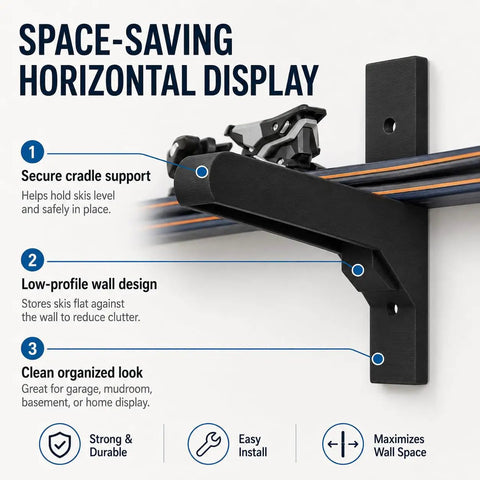 Kick Ass Ski Wall Mount Horizontal Display Rack For Poles And Boards Rock Solid Screw In Garage Storage Holder with cradle support