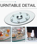 Round Tempered Glass Lazy Susan Turntable Smooth Operator Spin No More Elbow Banging with aluminum shaft detail.