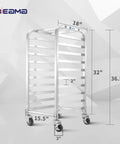Built Tough Ten Tier Rolling Sheet Pan Rack Aluminum Bun Baker Shelf With Swivel Wheels Rust Resistant Commercial Kitchen Baking Tray Organizer Stackable Heavy Duty Kitchen Game Changer with measurements displayed.