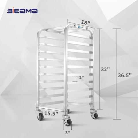 Built Tough Ten Tier Rolling Sheet Pan Rack Aluminum Bun Baker Shelf With Swivel Wheels Rust Resistant Commercial Kitchen Baking Tray Organizer Stackable Heavy Duty Kitchen Game Changer with measurements displayed.