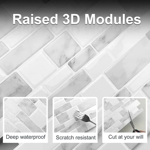 Raised 3D marble look tiles in focus, part of Marble Peel And Stick Backsplash For Kitchen, Thick Self Adhesive Wall Tiles You Can Stick On.
