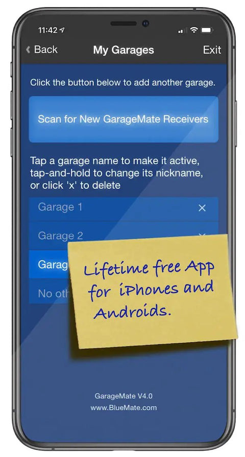 Smart Garage Opener Controller For iPhone Android And Apple Watch With No Fuss Setup And Secure Bluetooth 4.0 Access app interface on phone.