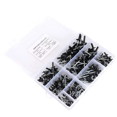 Aluminum Blind Rivet Kit With 200 Piece Assortment In 3.2, 4.0, 4.8mm Sizes, Oxidized Finish, And Storage Box