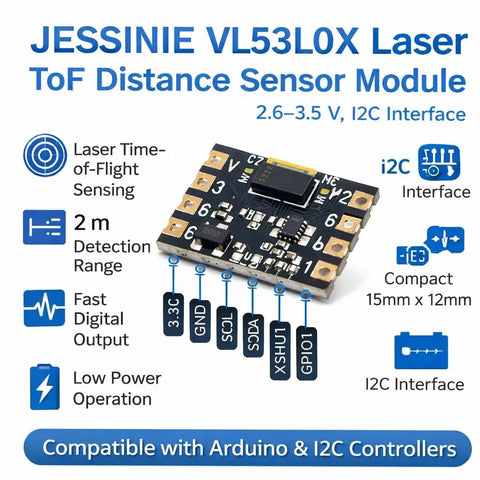 VL53L0X Laser ToF Distance Sensor Module sporting slick I2C links, compact size 15mm x 12mm for DIY robotics builds.