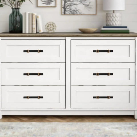 Top Shelf Black And Champagne Bronze Cabinet Handles 10 Pack Slick Drawer Pulls for closets on modern white dresser.