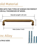 Diagram of Six Pack Antique Brass Zinc Alloy Cabinet Pulls With 5 Inch Hole Center 5.5 Inch Total Length 128mm Center