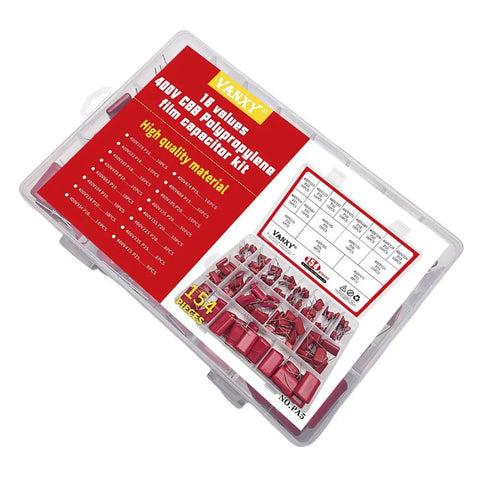 Kickass Assorted Cbb Capacitor Kit 154 Pieces 400V Metallized Electronic Components in clear storage case.