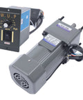 Front view of a 110V gear reduction motor with gray aluminum housing and a separate adjustable speed controller panel.