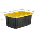 Tough As Nails Heavy Duty Storage Totes With Lids 27 Gallon black plastic bin with yellow lid dimensions 30.6 x 20.6 x 14.3 inches.