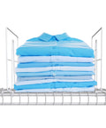Eight Pack Heavy Duty Wire Shelf Dividers To Keep Your Closet Space Square And Spotless No More Topple Junk Slick Steel Rack Separators with neatly stacked blue shirts.