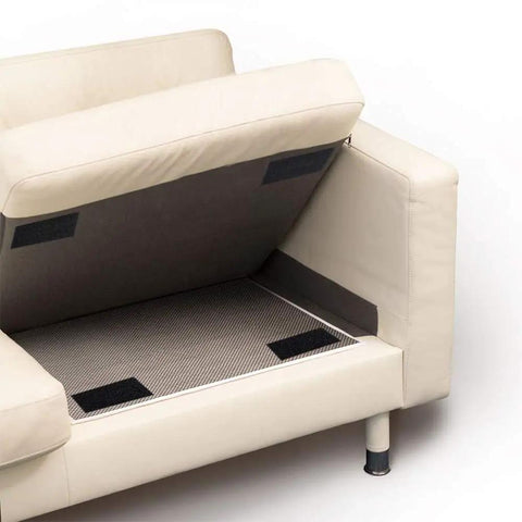 2x4 Inch Self Adhesive Hook And Loop Tape Set used on a couch for no drill needed, easy peel and stick wall mounts for lightweight items.