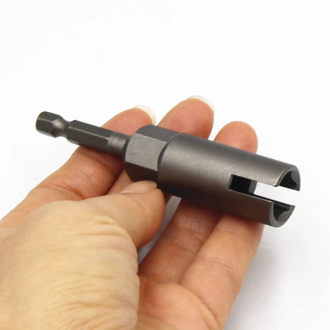 4 Piece Heavy Duty Wing Nut Socket Set With Quarter Inch Hex Shank Power Driver held in hand for quick turn bolt removal.