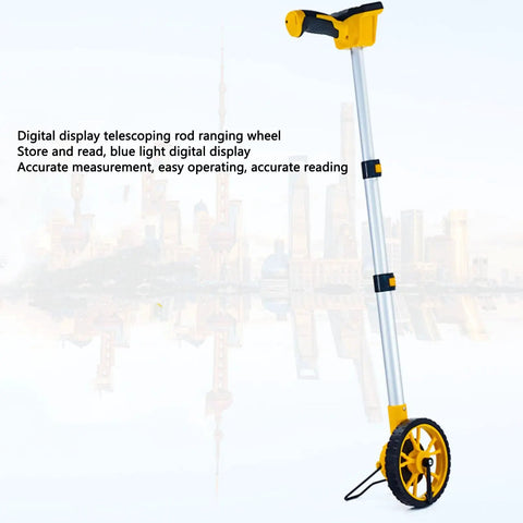 Smooth Roll Digital Measuring Wheel With Zero Hassle Readout Quick Switchable Foot Or Meter Units For Straight Shot Accuracy On Any Construction Site Or Backyard Tally, featuring a digital display and telescoping rod.