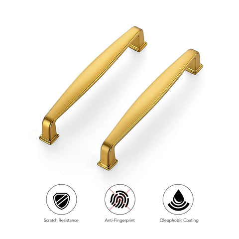 A Must Have Hella Sturdy Brushed Brass Cabinet Handles And Pulls With 5 Inch Center To Center Spacing For Kitchens And Drawers Features A Clean Look And Comes In A 30 Pack Bulk Set. Close-up view of two brass cabinet pulls with anti-fingerprint finish.