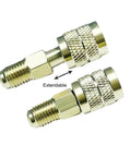 Top Shelf 1/4 Inch Sae Brass Refrigerant Adapter For R32 And R454B Gas Cylinders Featuring A Slick Wrench Free Twist Handle Quick Disconnect Coupler For A2L Mini Split Ac Hvac - close-up of extendable brass couplers.