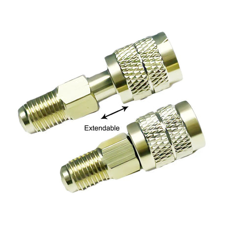 Top Shelf 1/4 Inch Sae Brass Refrigerant Adapter For R32 And R454B Gas Cylinders Featuring A Slick Wrench Free Twist Handle Quick Disconnect Coupler For A2L Mini Split Ac Hvac - close-up of extendable brass couplers.