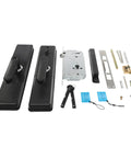 Slick Smart Fingerprint Door Lock And Keyless Entry Deadbolt Handle Crafted From Heavy Duty Aluminum Alloy parts and tools layout.