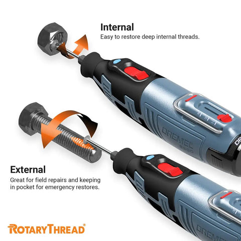 Universal Thread Repair Kit Set With All In One Thread Files showing Dremel tool restoring internal and external threads.