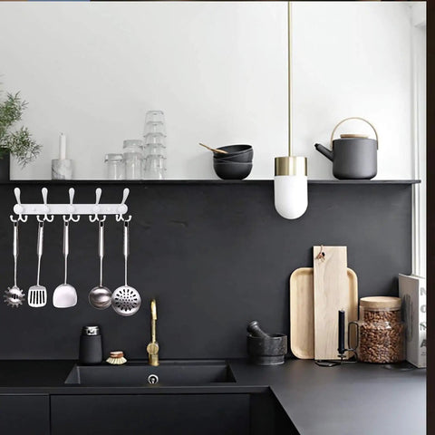 Heavy Duty Wall Mount Coat Rack With 5 Tri Hooks, Built Tough Rust Resistant Stainless Steel Backplate And Aluminum Hooks, holding kitchen utensils