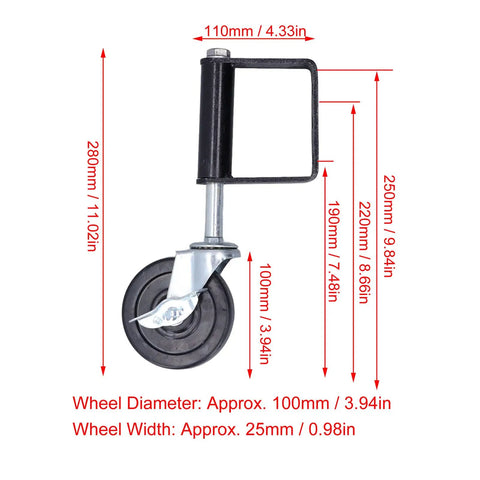 Rugged 4 Inch Heavy Duty Spring Loaded Gate Wheel Rolls Like A Dream With Stainless Steel Construction Double Ball Bearings And Thickened Power Steel Plate For Shock Absorption Rock Solid Load Handling On Doors And Gates facing right with measurements shown.
