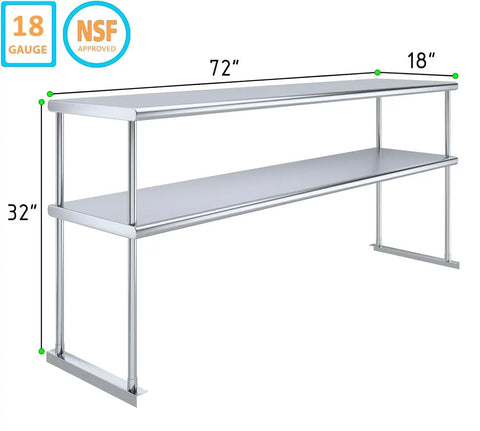 Heavy Duty Stainless Steel Double Overshelf For Commercial Prep Tables Certified Top Shelf Kitchen Storage Rack Connector For 18 By 72 Inch Workstations With No Sweat Setup, 32 inches tall.