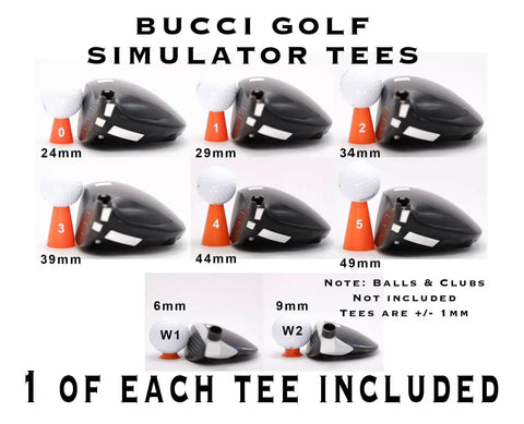 High Performance Golf Simulator Tees 8 Piece Set Ultra Lightweight Durable Tees That Protect Screens And Shafts sizes 24-49mm