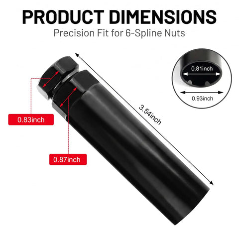 Heavy Duty 6 Spline Lug Nut Key And Rugged Socket Set Beater Proof Grip dimensions showing 3.54-inch length and 0.93-inch width.